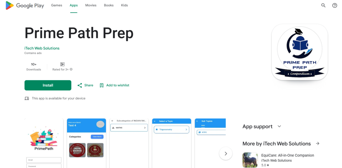 Prime Path Prep is an Android application developed by iTech Web Solutions, designed to help students and aspiring candidates prepare for competitive exams.